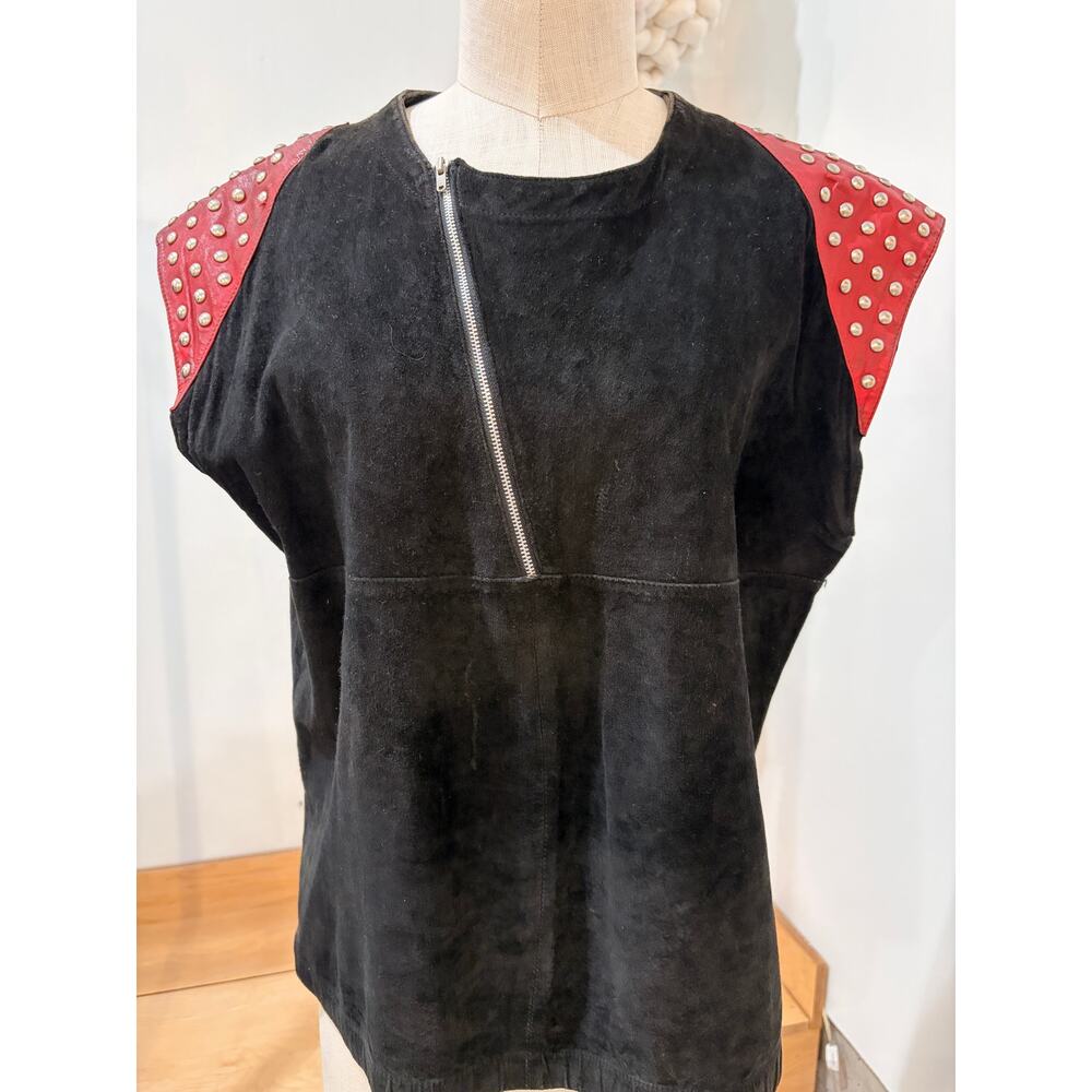 Vintage Metal Black Suede Sleeveless Top Red Studded Shoulder Panels Size L
